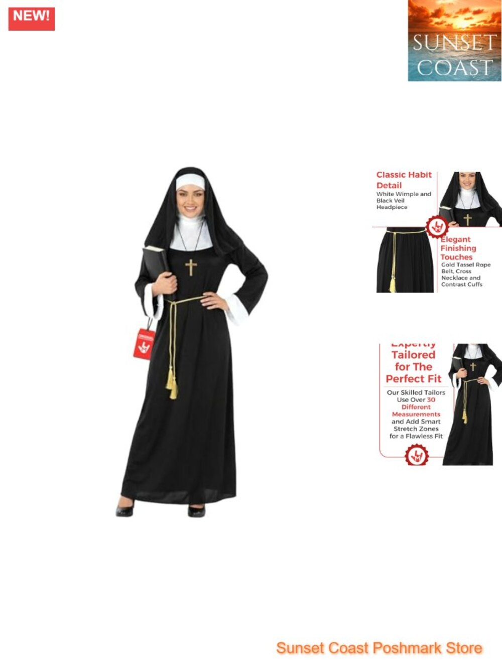 Nun Costume Black Maxi Robe Veil Rope Belt Gold Cross Necklace Women Halloween